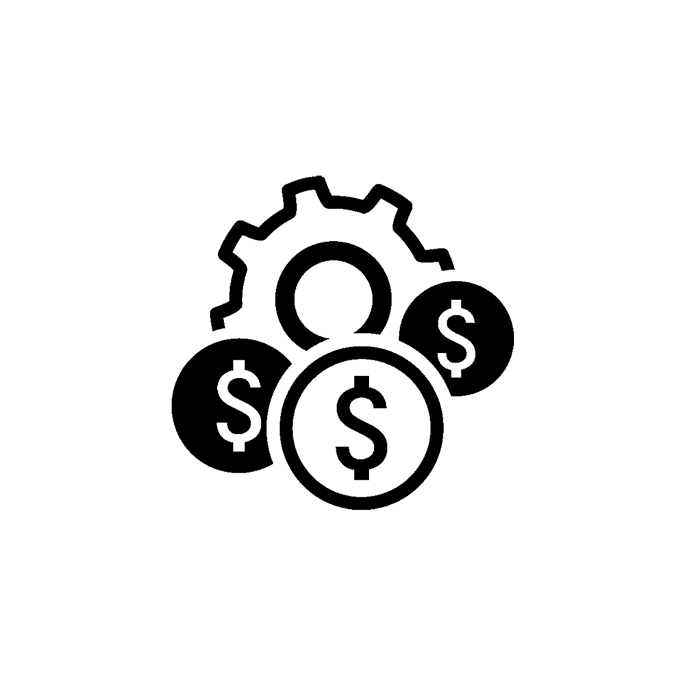 One gear and three circles with the dollar symbol