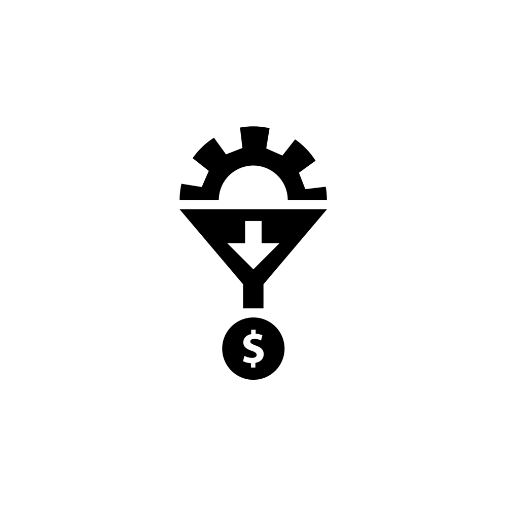 A half sun on top of an arrow pointing down to a circle with the dollar symbol