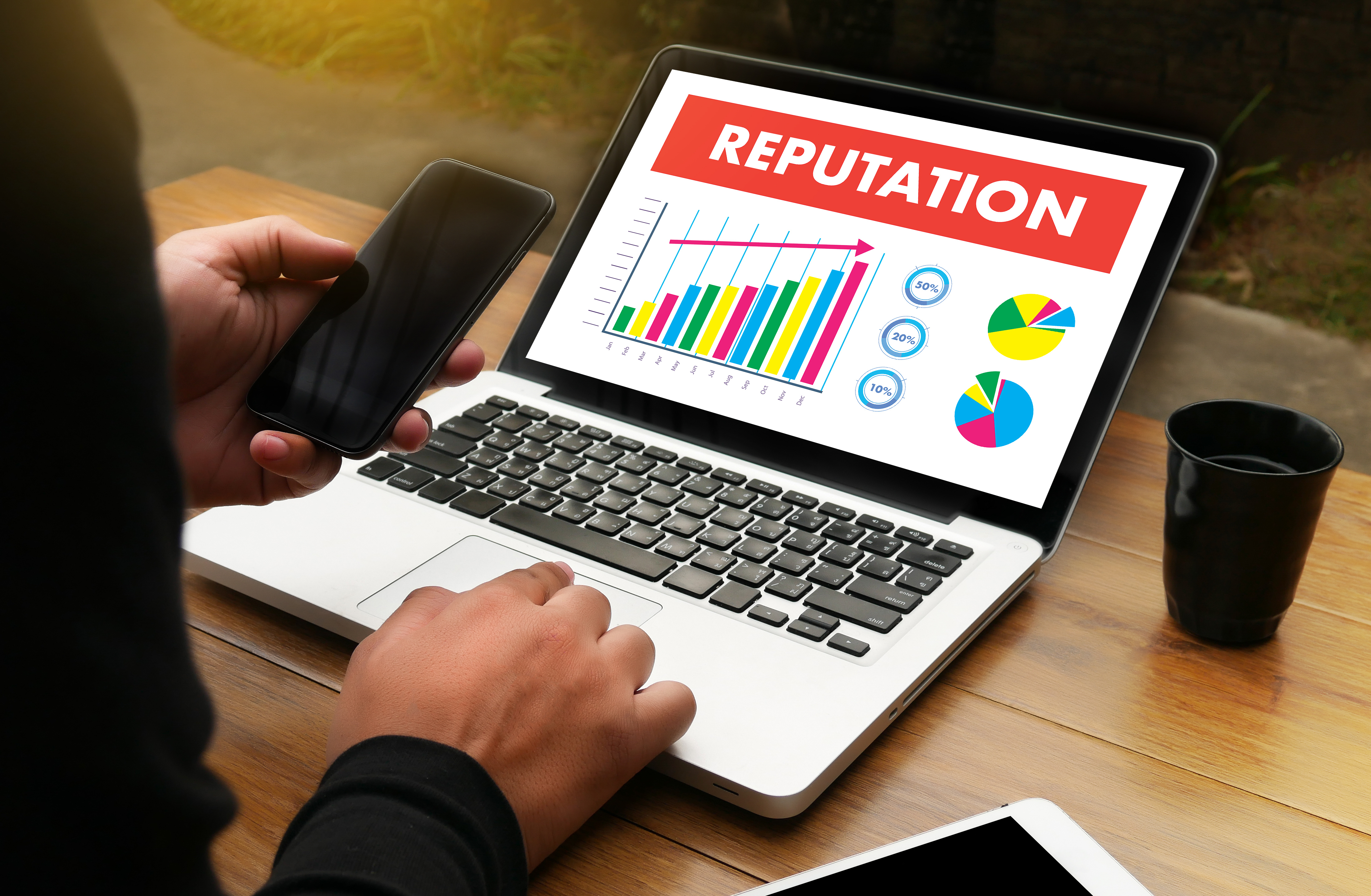 Laptop with a bar graph increasing from left to right, bar graph titled 'reputation' 